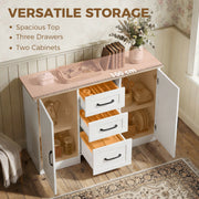 Sideboard with both doors and all three drawers open, showing tableware and a shelf inside the cabinets