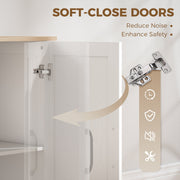 Close-up of the soft-close door hinge with icons for reduced noise and added safety