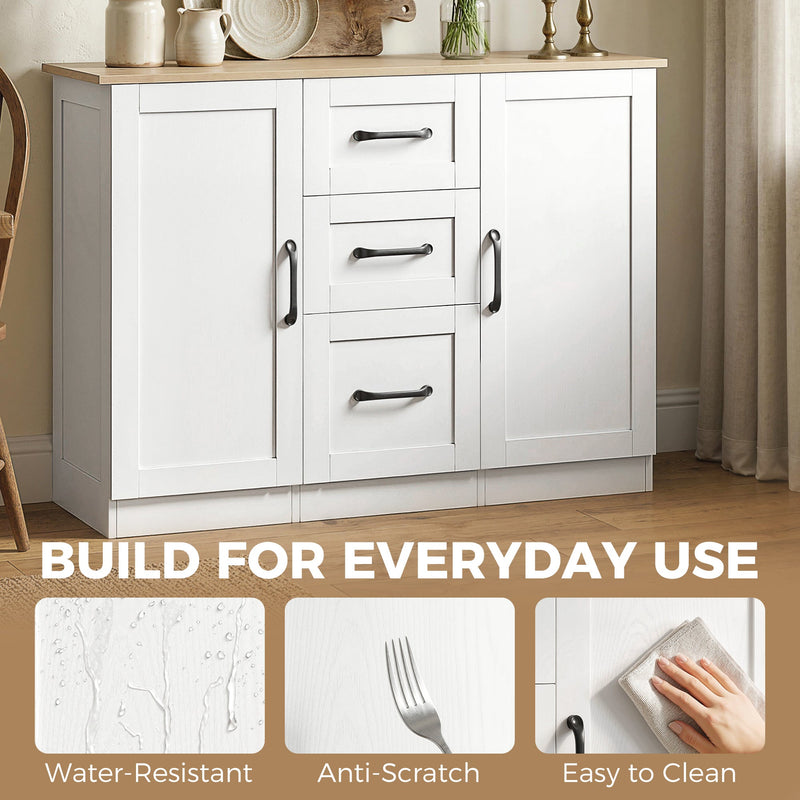 White sideboard with panels showing a water-resistant, scratch-resistant and easy-to-clean surface