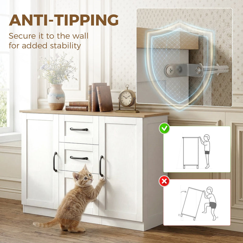 White sideboard with a cat beside it and an anti-tipping wall fixing diagram
