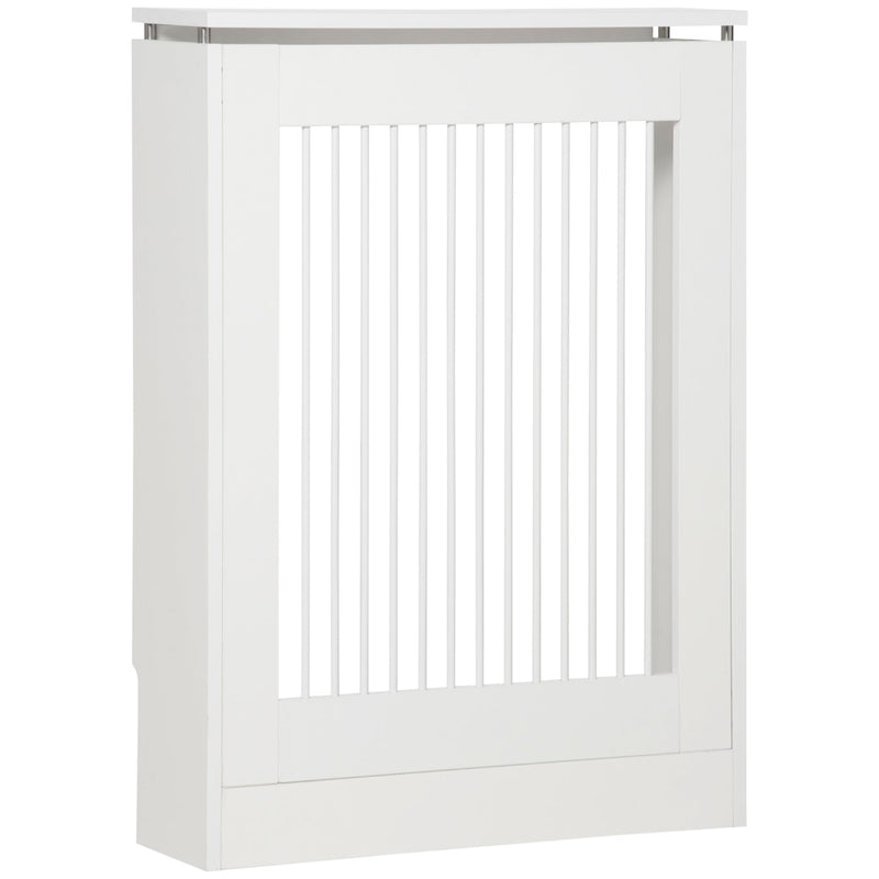 White 60 cm slatted radiator cover with top shelf on a white background