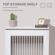 Top shelf of the radiator cover displaying a cactus, photo frame and books