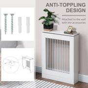 Anti-tip screws and wall plugs shown beside the radiator cover fixed to a wall