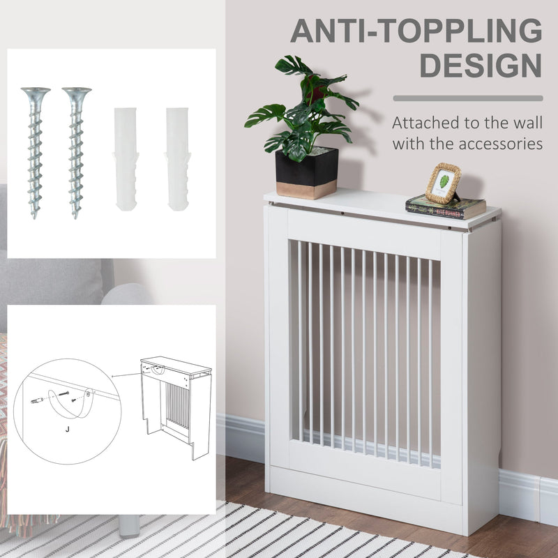 Anti-tip screws and wall plugs shown beside the radiator cover fixed to a wall