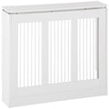 White slatted radiator cover with top shelf on a white background