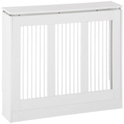White slatted radiator cover with top shelf on a white background