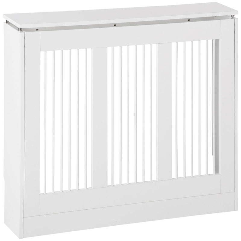 White slatted radiator cover with top shelf on a white background