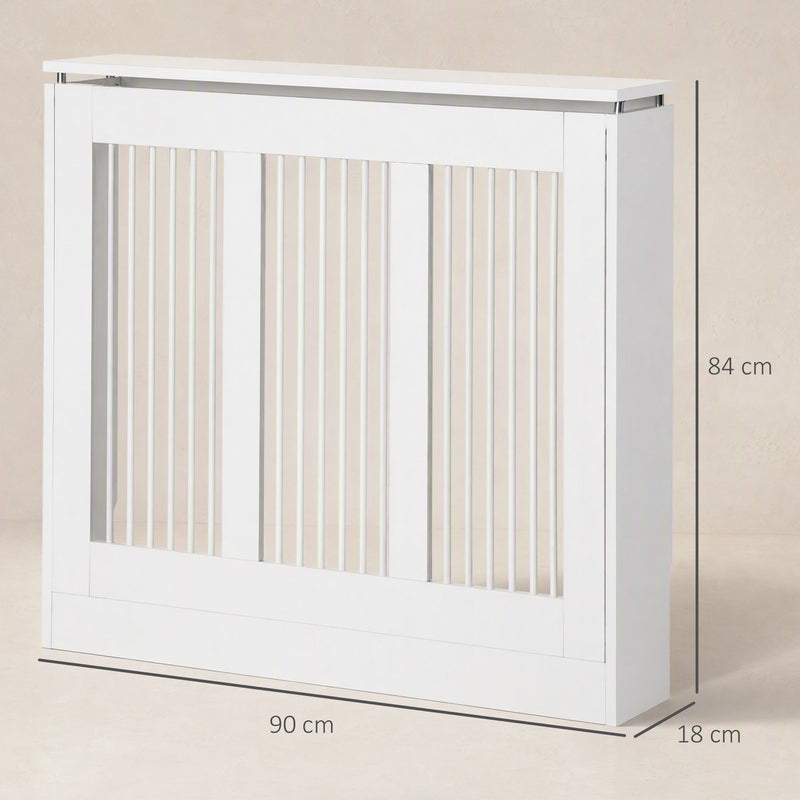Radiator cover dimensions diagram showing 90 cm width, 18 cm depth and 84 cm height