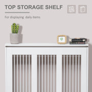 Top shelf of the radiator cover displaying a cactus, photo frame and books