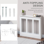 Anti-tip screws and wall plugs shown beside the radiator cover fixed to a wall