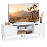 White TV stand with 2 cabinets and an open centre shelf holding a TV, amplifier and speaker