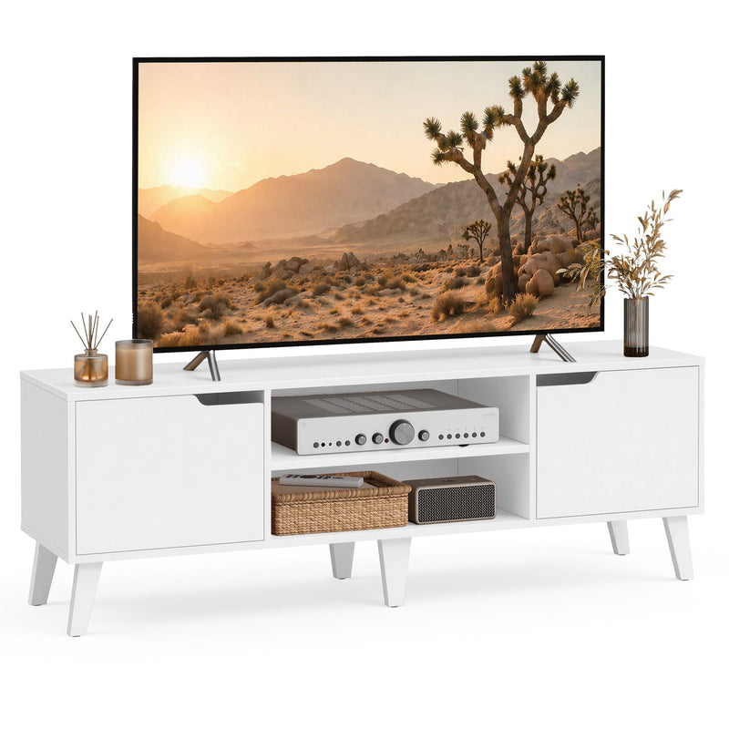 White TV stand with 2 cabinets and an open centre shelf holding a TV, amplifier and speaker