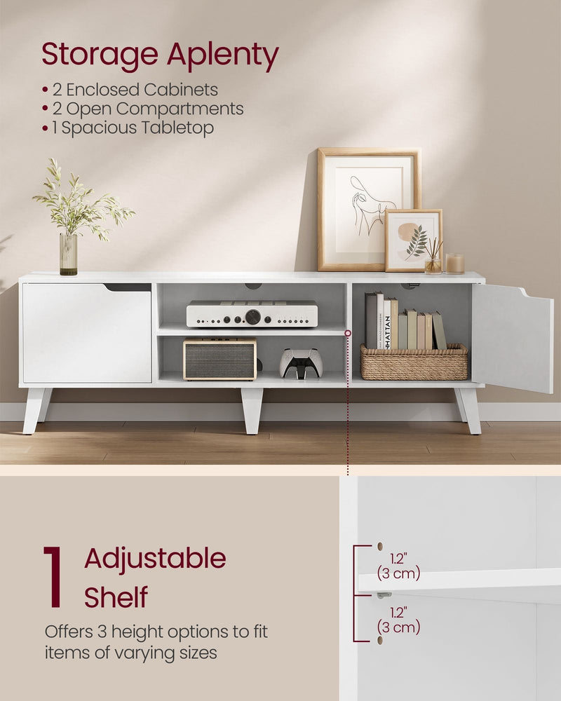 TV stand storage layout showing 2 enclosed cabinets, 2 open compartments and an adjustable shelf with 3 height options
