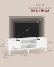 Dimensions diagram showing 147 cm width, 39 cm depth, 50 cm height, 85 kg load and TV sizes up to 65 inch