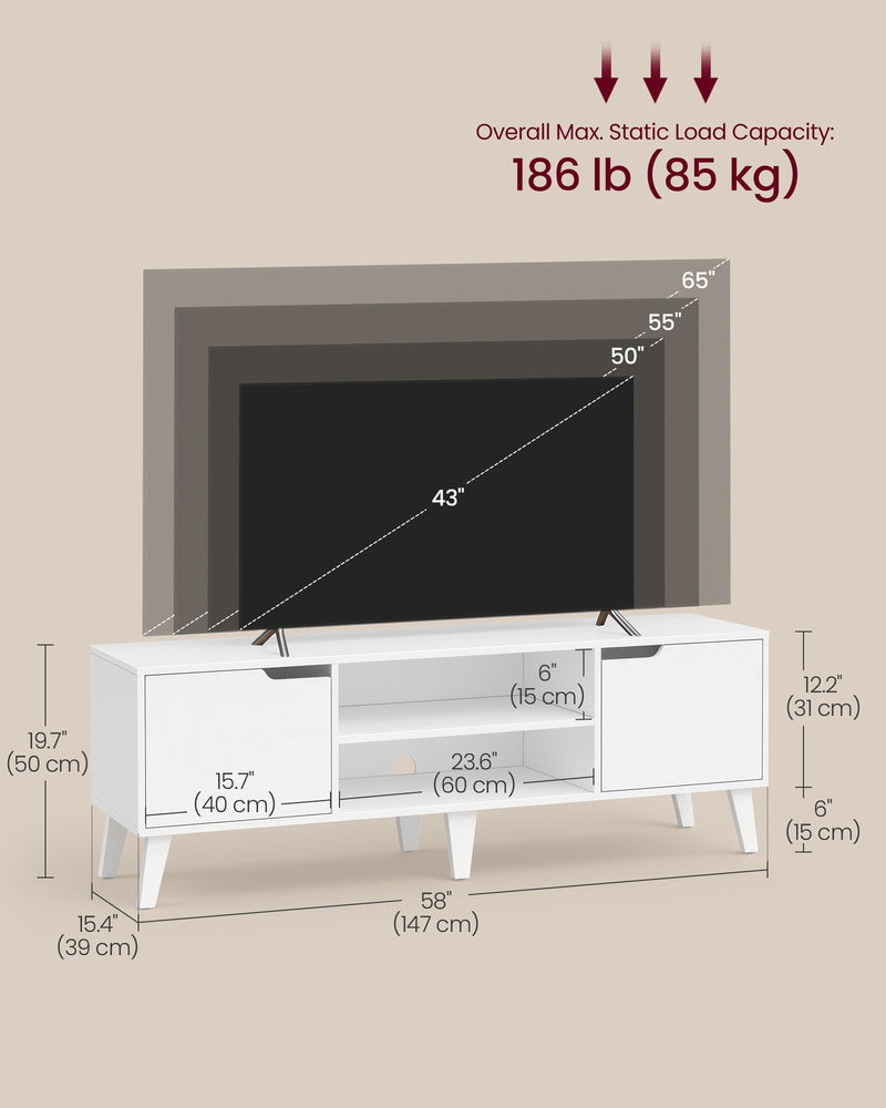 Dimensions diagram showing 147 cm width, 39 cm depth, 50 cm height, 85 kg load and TV sizes up to 65 inch