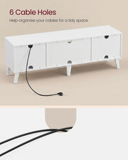 Back of the TV stand showing 6 cable holes with cables passing through