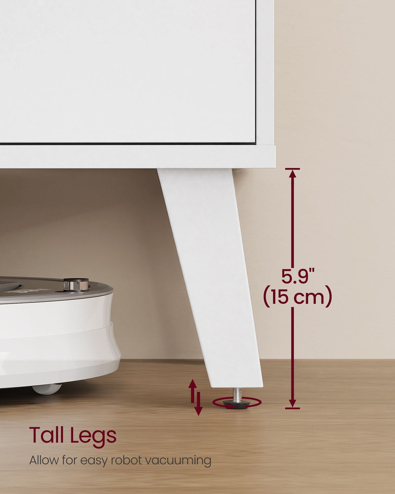 Close-up of a 15 cm tall angled leg with an adjustable foot above a robot vacuum