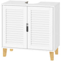 White under sink cabinet with louvered doors and bamboo legs, cut-out visible at the top