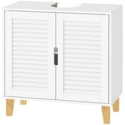 White under sink cabinet with louvered doors and bamboo legs, cut-out visible at the top