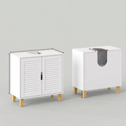 Front and rear views of the white cabinet showing the louvered doors and rear cut-out
