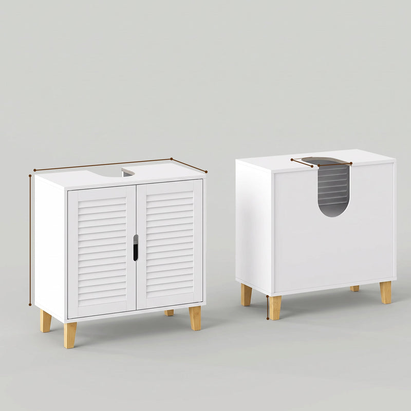 Front and rear views of the white cabinet showing the louvered doors and rear cut-out