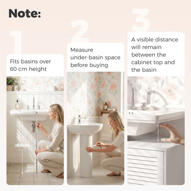 Notes panel showing the 60 cm minimum space under the basin and how to measure it