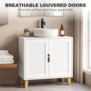 Breathable louvered doors panel with the cabinet under a bowl basin and towels beside it