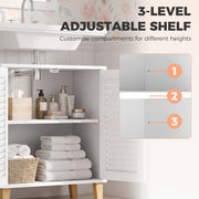 Three-level adjustable shelf panel with towels and bottles inside the open cabinet