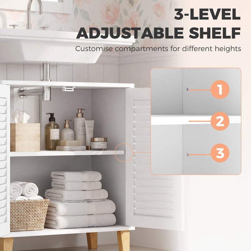 Three-level adjustable shelf panel with towels and bottles inside the open cabinet