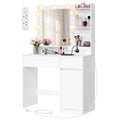 White vanity table with LED lit mirror, two drawers and a storage cabinet