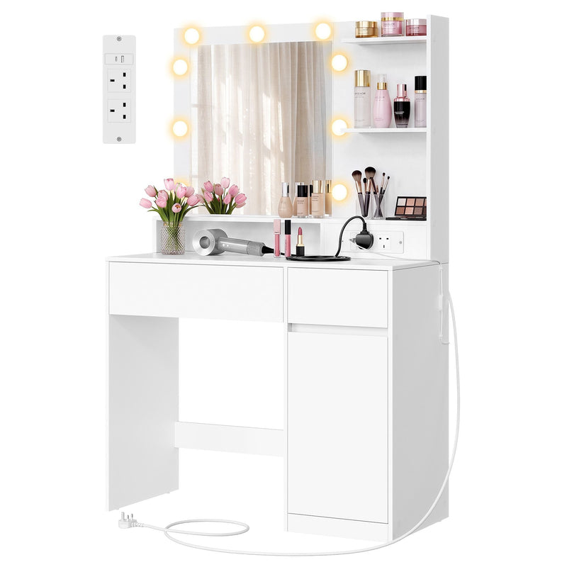White vanity table with LED lit mirror, two drawers and a storage cabinet