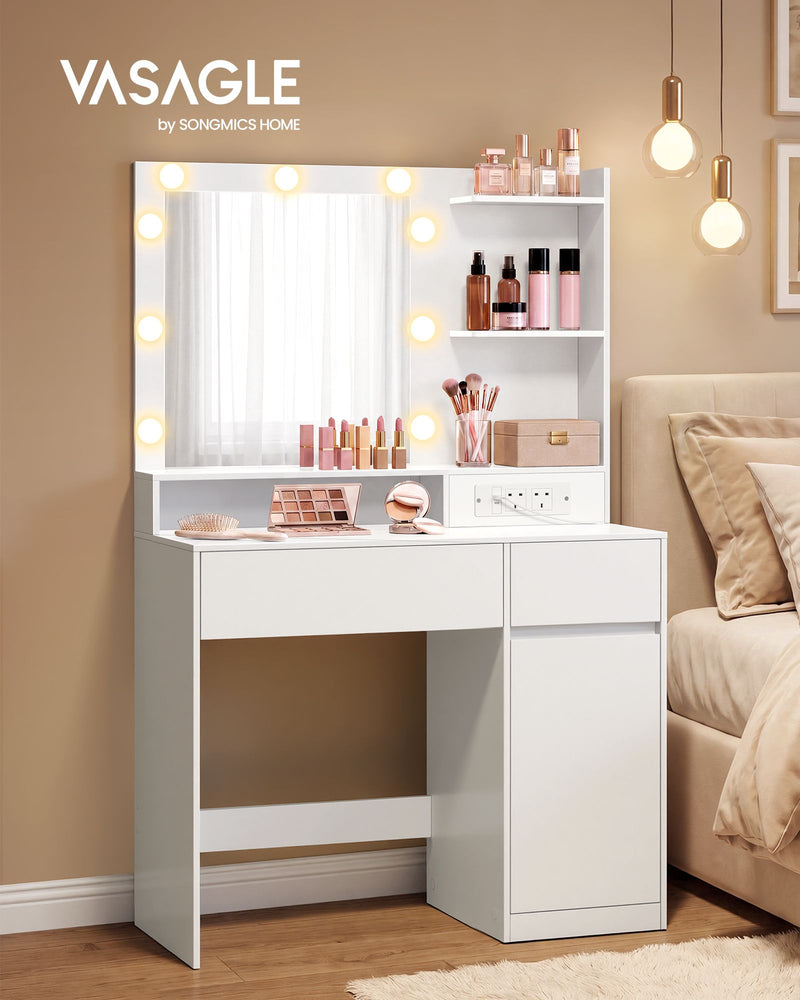 Close-up of the vanity table's mirror surround with makeup, skincare and haircare items styled on the shelves