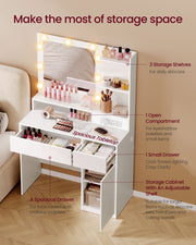 Diagram labelling the vanity table's 3 storage shelves, open compartment, small drawer and storage cabinet