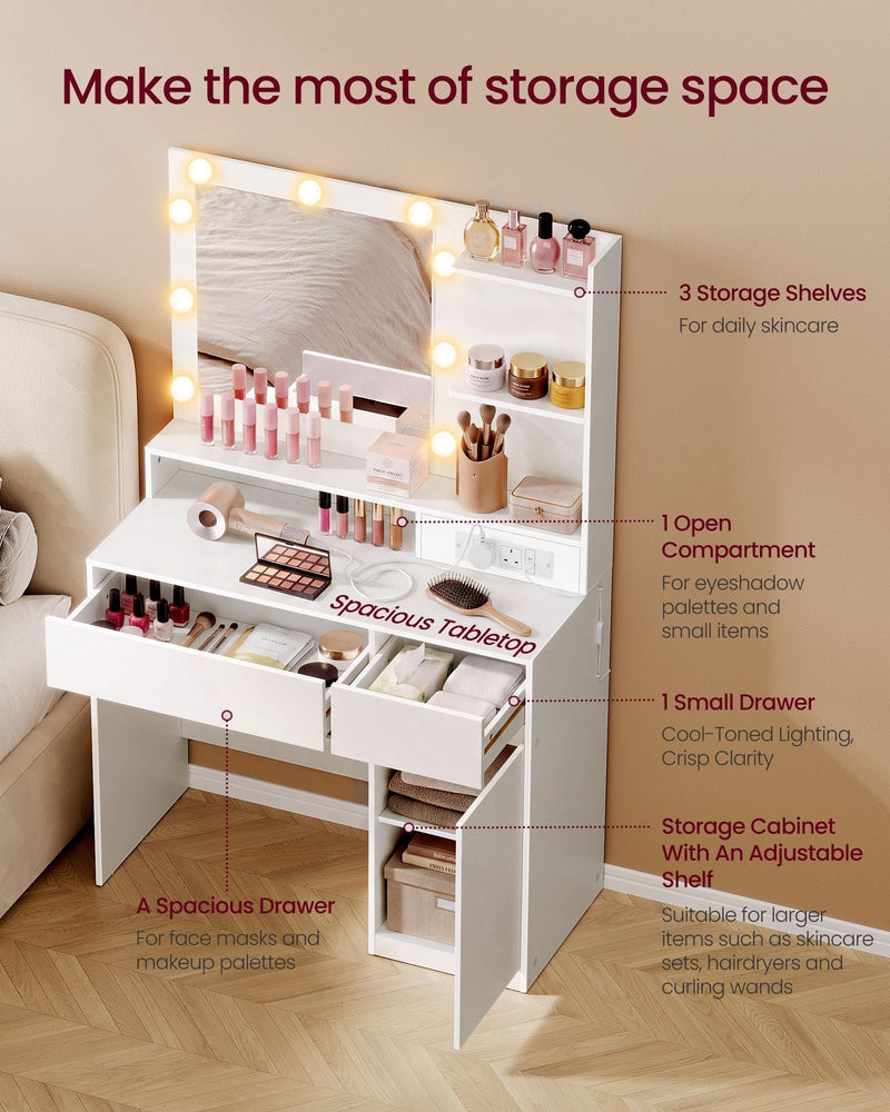 Diagram labelling the vanity table's 3 storage shelves, open compartment, small drawer and storage cabinet