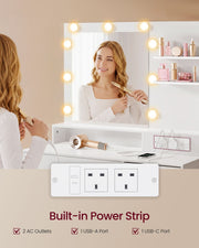 Lifestyle photo of the white vanity table with mirror in a bedroom dressing corner