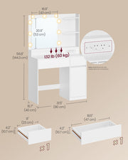 Dimension diagram showing the vanity table's 80 x 40 x 144.3 cm size, mirror size and drawer measurements
