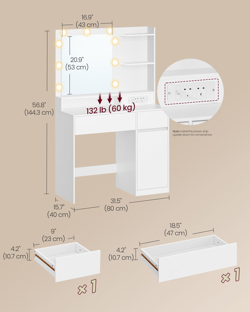 Dimension diagram showing the vanity table's 80 x 40 x 144.3 cm size, mirror size and drawer measurements