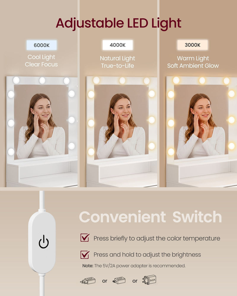 Diagram showing the mirror's three adjustable LED light settings and touch dimmer switch