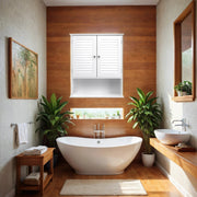 White bathroom cabinet with shutter style doors mounted on a wood panelled wall