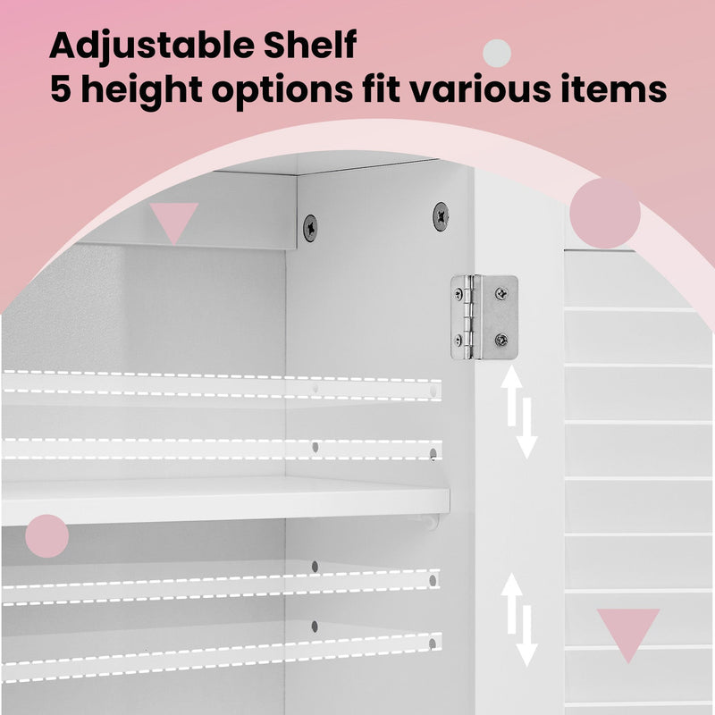 Close-up of the adjustable shelf pegs showing 5 height options inside the cabinet