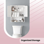 White bathroom cabinet mounted above a toilet with the open bottom shelf visible
