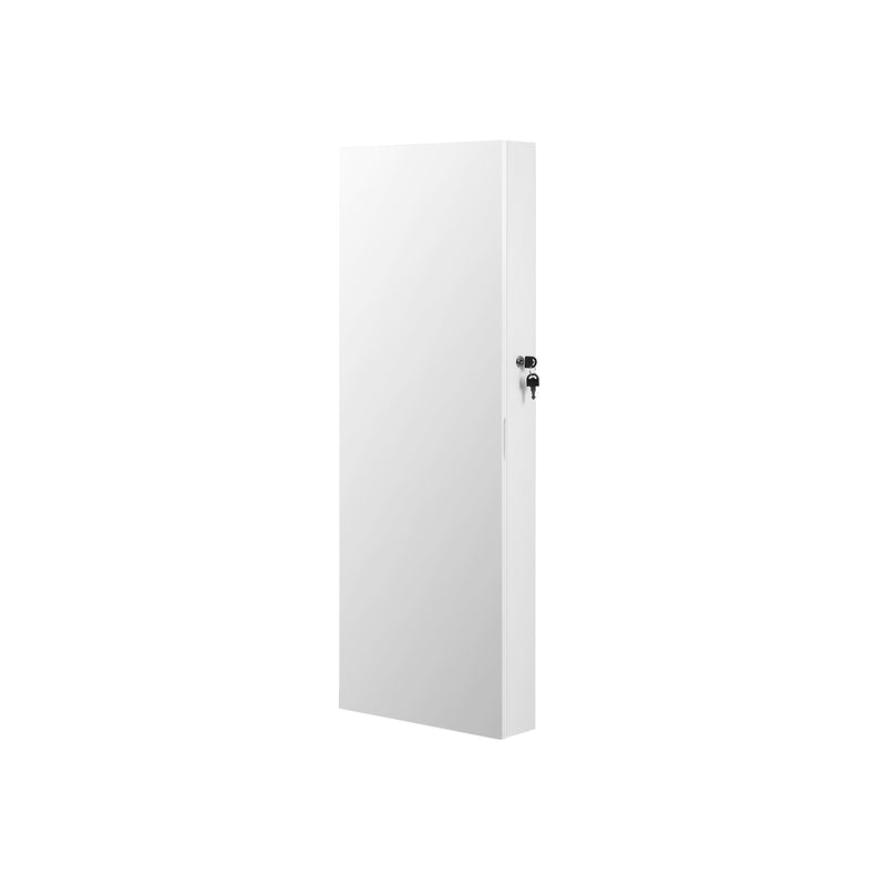 Studio shot of the closed white mirror jewellery cabinet with lock