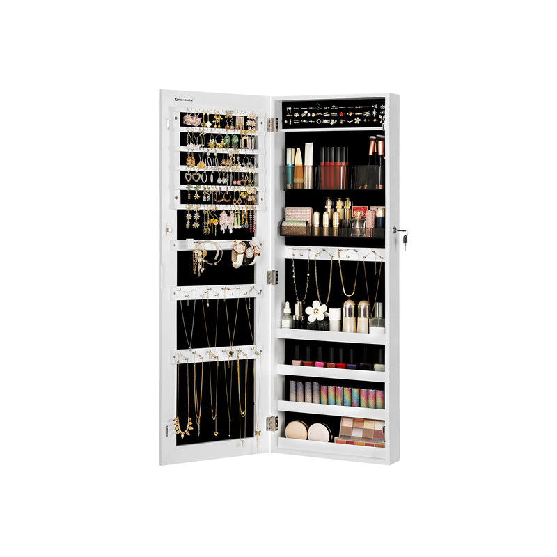 Open cabinet showing jewellery hooks, slots and makeup storage compartments
