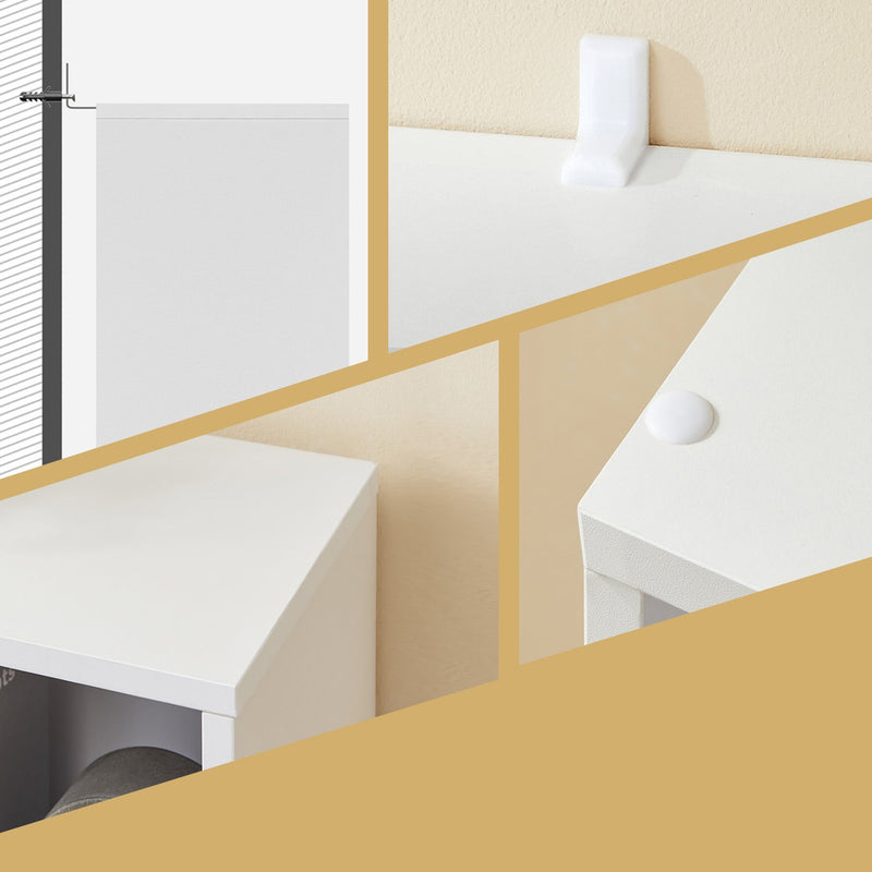 White wooden kids bookcase used as a low shelf in a playroom