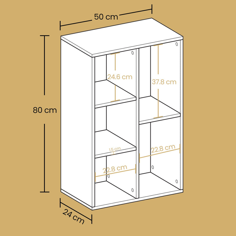 Angled view of the white wooden kids bookcase with 5 compartments