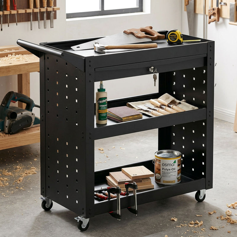 Tool Trolley with Lockable Drawer and Pegboards for Organised Workshop Storage Black