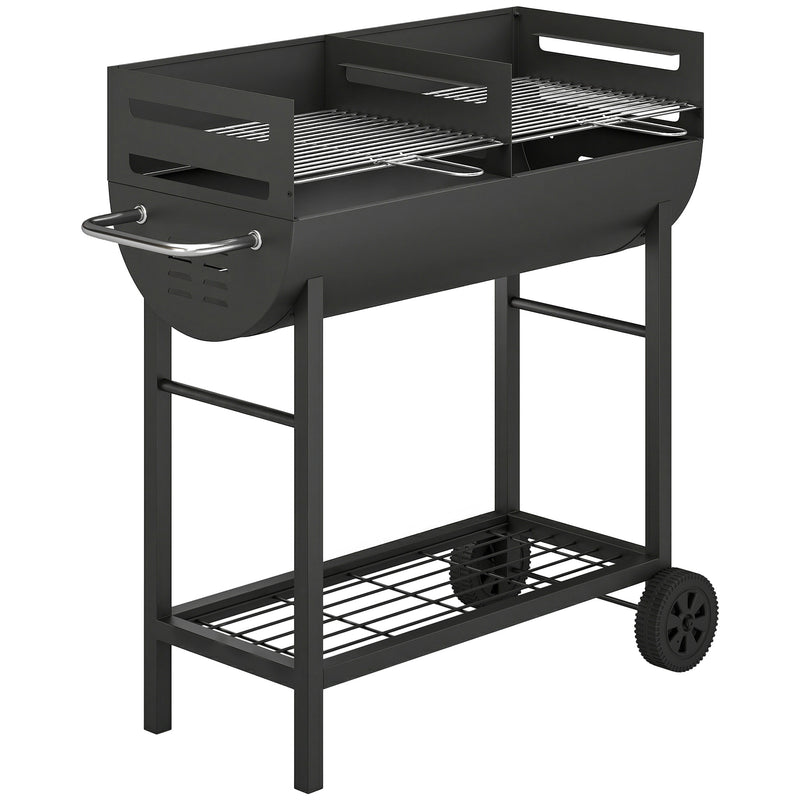 Half Drum Charcoal BBQ Grill Trolley with 2 Cooking Zones for Easy Family Barbecues Black Outsunny