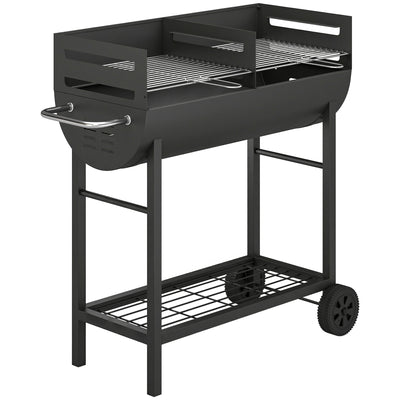 Half Drum Charcoal BBQ Grill Trolley with 2 Cooking Zones for Easy Family Barbecues Black Outsunny