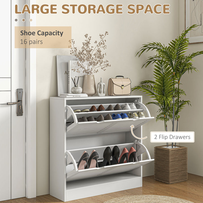 White Narrow Shoe Cabinet with 2 Flip Drawers and Adjustable Shelves for 16 Pairs by HOMCOM