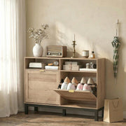 Shoe Storage Cabinet for Narrow Hallways with Flip Drawers and Open Shelves Walnut Brown AOSOM